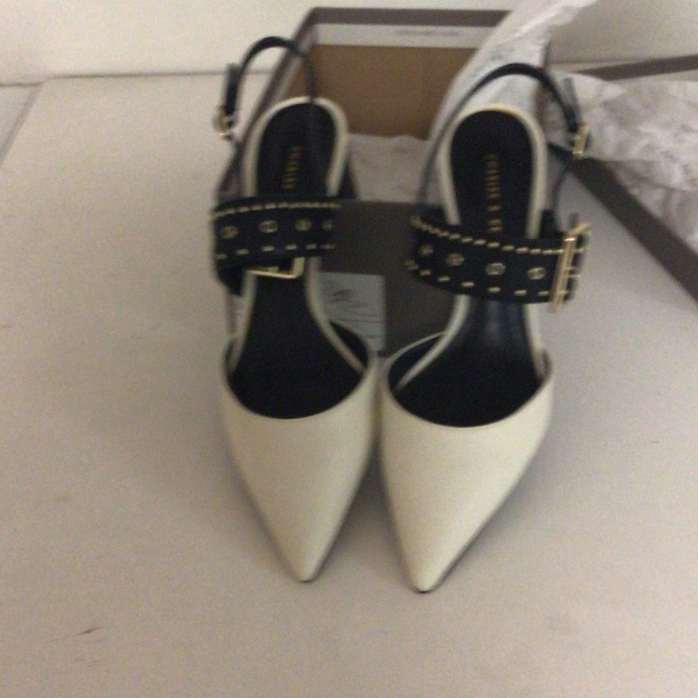 Charles & Keith White Pointed Slingback Pumps with Black Studded Strap